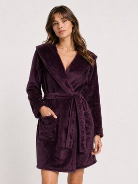 UGG Miranda Plush Belted Short Hooded Robe Port Purple XS